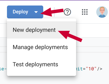 Screenshot of a menu with "Deploy" and "New deployment" highlighted