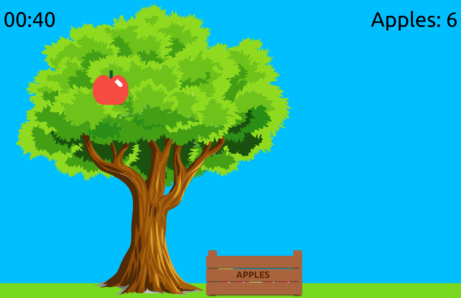 Screenshot of a game with a tree containing a red apple. The base of the tree has a partially filled crate labeled "apples".