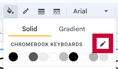 Screenshot of the fill menu with a box around the pencil/edit theme colors icon