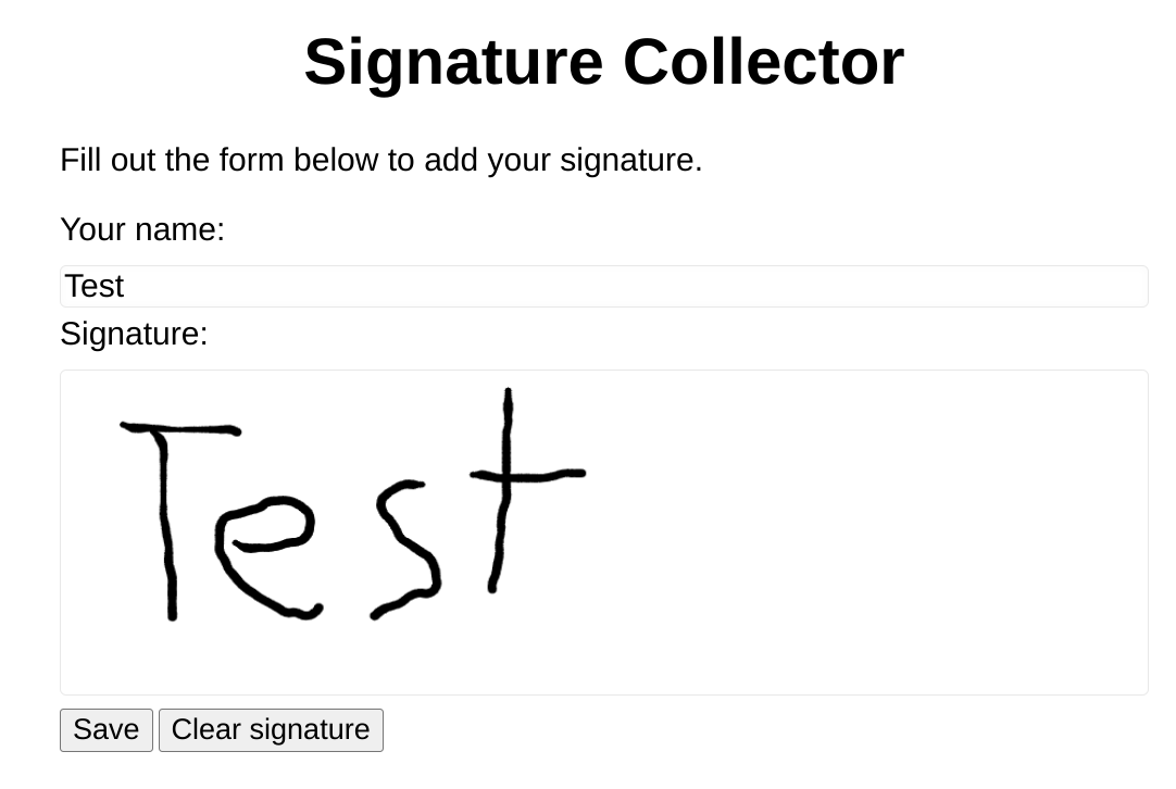 Screenshot of the signature submission form with a signature that says "test"