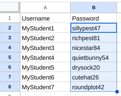 Screenshot of a two-column spreadsheet. The left column has a list of sample usernames and the right column has a list of kid-friendly passwords, such as "sillypest47" and "nicestar84"
