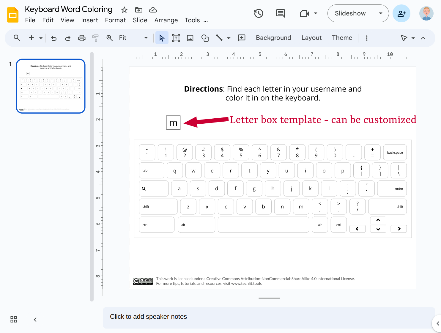 Screenshot of a Google Slide template with a keyboard coloring worksheet. An arrow points to the letter M inside of a box labeled "