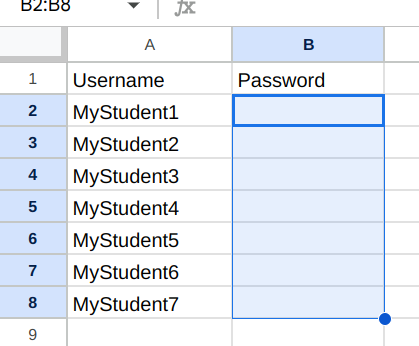 Screenshot of the same two-column spreadsheet with sample usernames. The empty password cells are selected.
