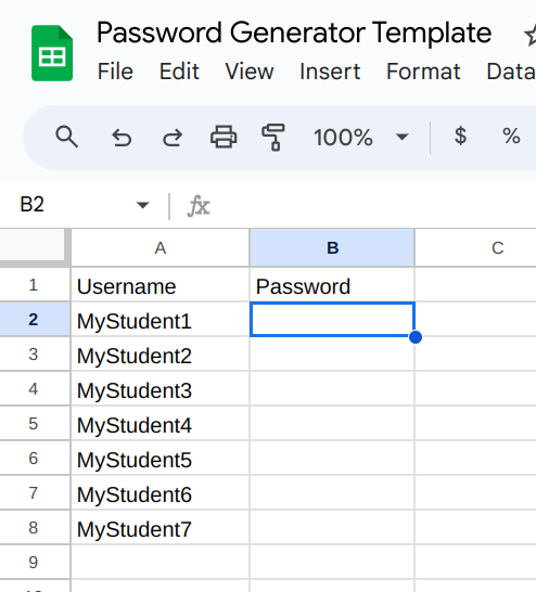 Screenshot of a two-column spreadsheet. The left column is labeled "Usernames" and has 7 rows filled in with sample usernames. The right column is labeled "Passwords" and has nothing in subsequent rows.