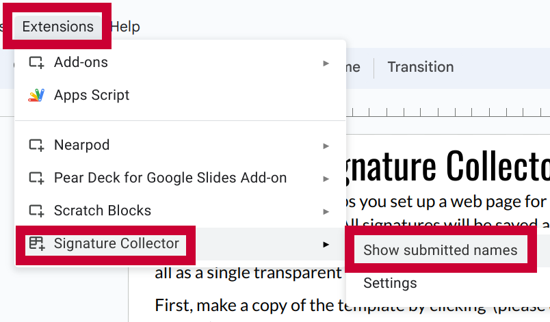 Screenshot of a menu tree with Extensions, Signature Collector, and Show submitted names highlighted.