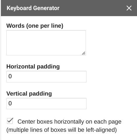 Screenshot of a sidebar with form fields for "Words", "Horizontal padding", "Vertical padding", and "Center boxes horizontally"