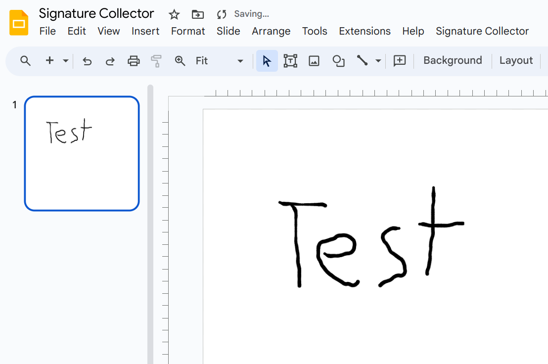Screenshot of the test signature on an otherwise blank Google Slide