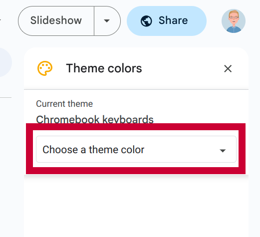 Screenshot of the "theme colors" sidebar with a box around "choose a theme color" dropdown