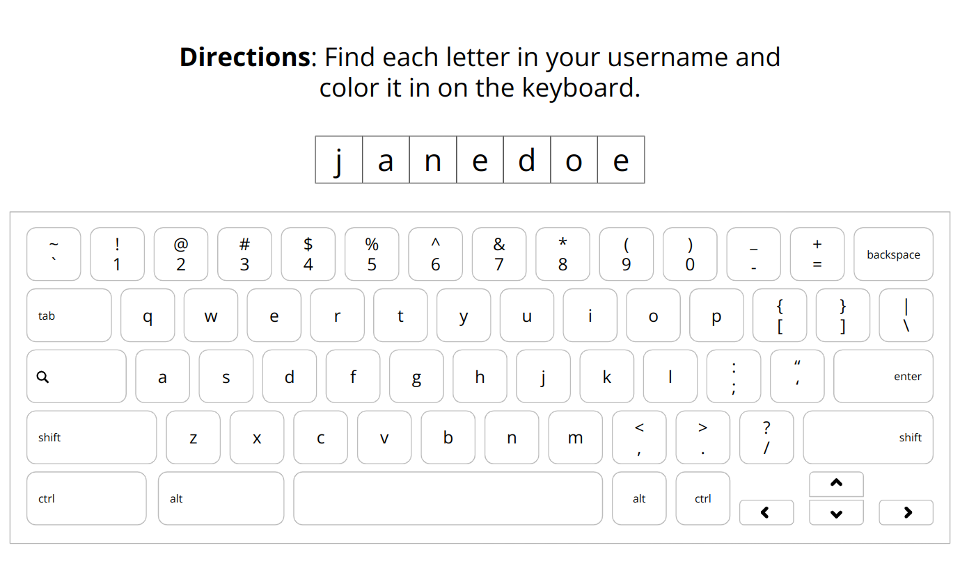 Screenshot of a black and white keyboard with the letters of "janedoe" in boxes above. Directions say "find each letter in your username and color it in on the keyboard".