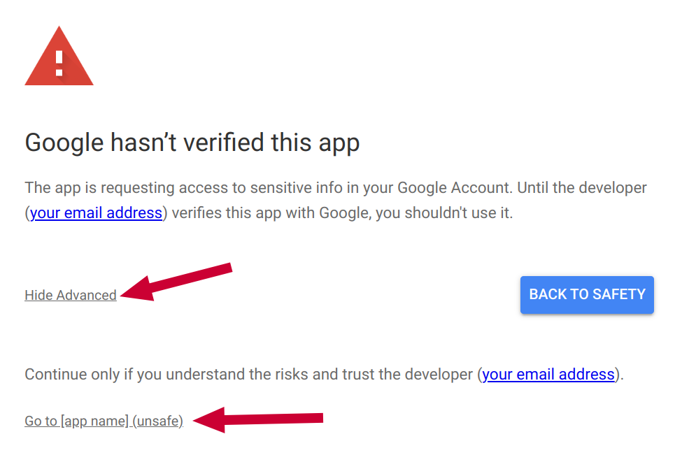 Screenshot of a warning that reads "This app hasn't been verified by Google yet. Only proceed if you know and trust the developer". Arrows point to links that say "Advanced" and "Go to Password Generator (unsafe)"